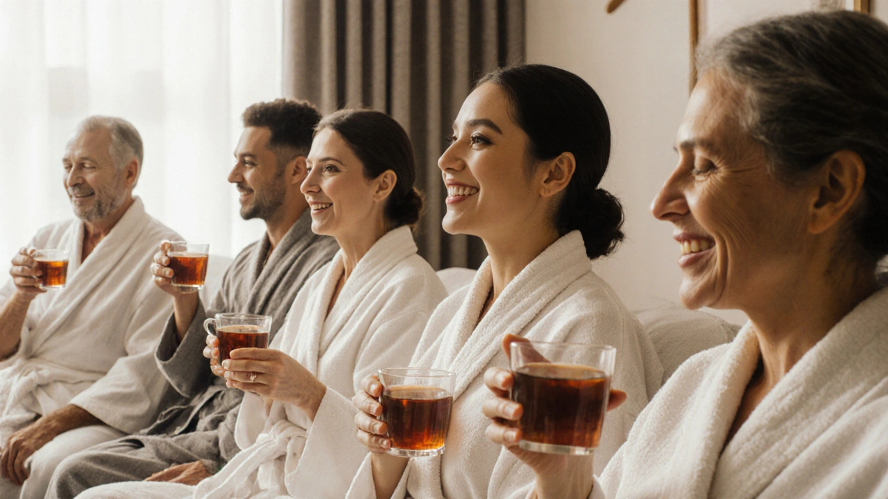 A diverse group of people relaxing in robes after a massage, smiling and sipping tea in a peaceful lounge.