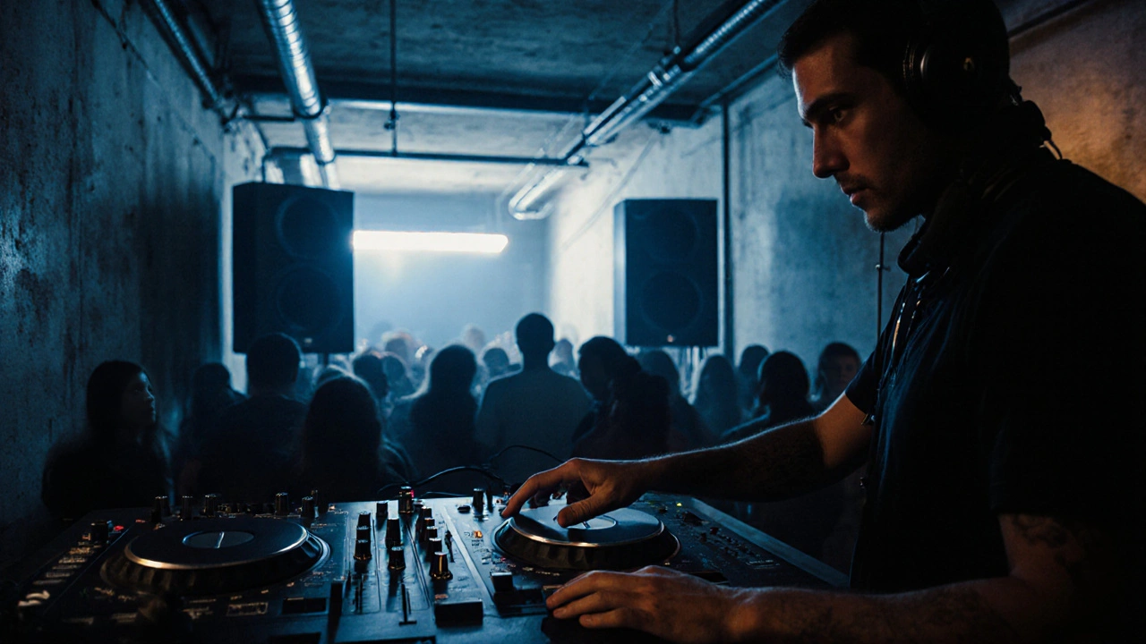 A DJ mixing at a booth, crowd blurred behind, industrial club setting with glowing controls.