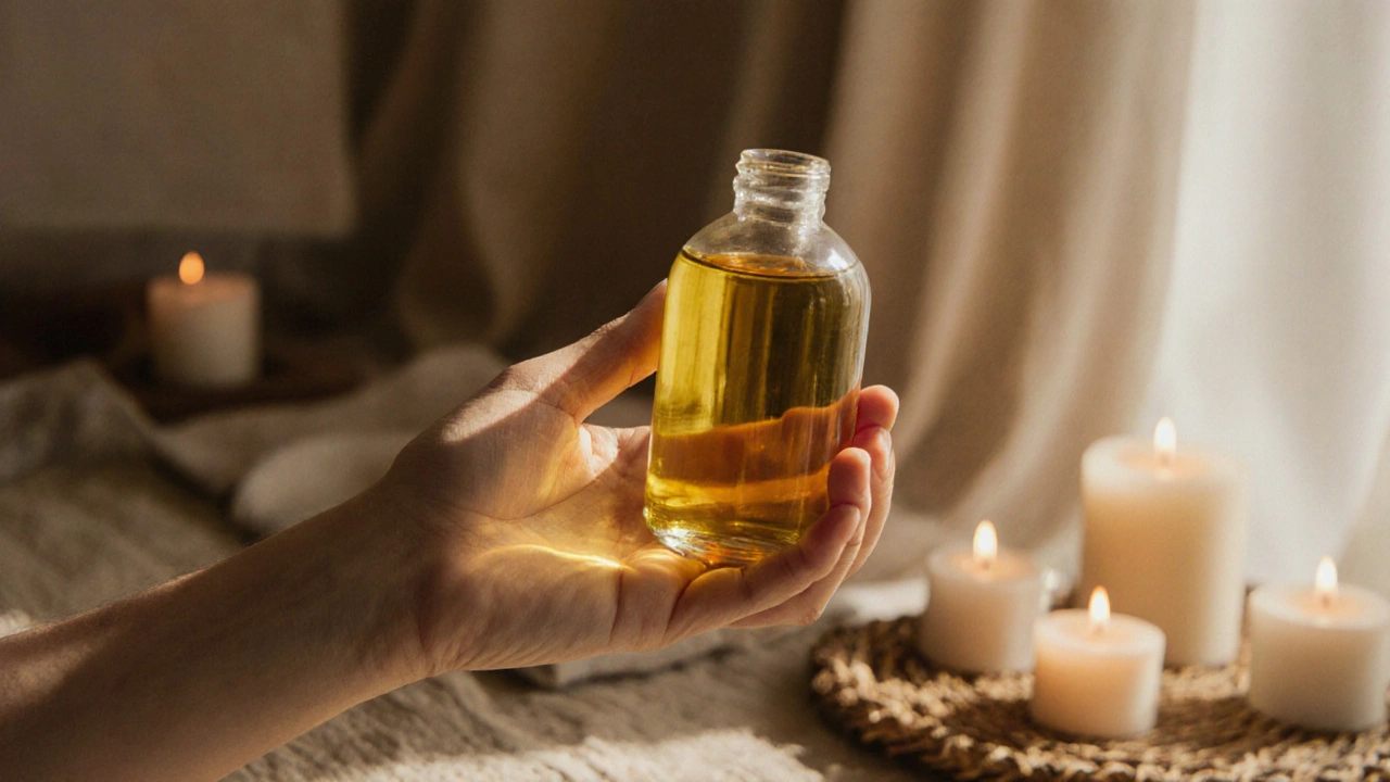 A hand holding a bottle of warm oil in a quiet healing space, symbolizing gentle care.