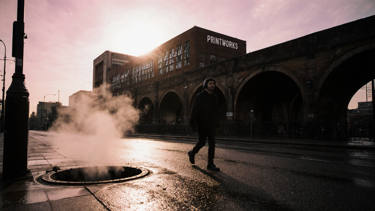 A lone person walking away from Printworks at dawn with steam rising nearby.