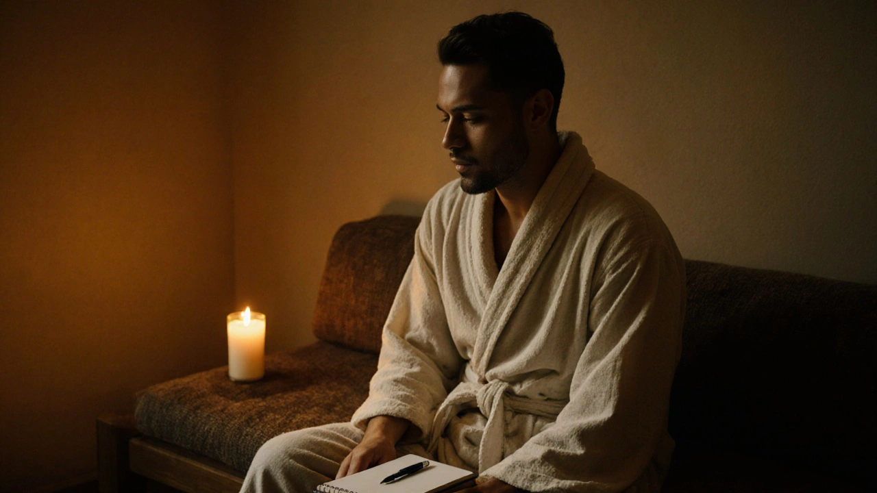 A man sitting peacefully after a massage, eyes closed, with a journal and candle
