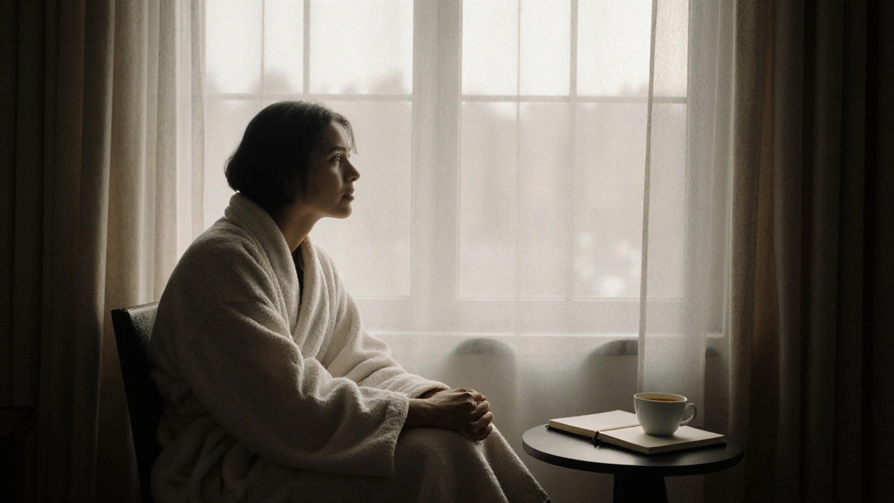 A person in a robe sitting by a window after a massage, calm and reflective.