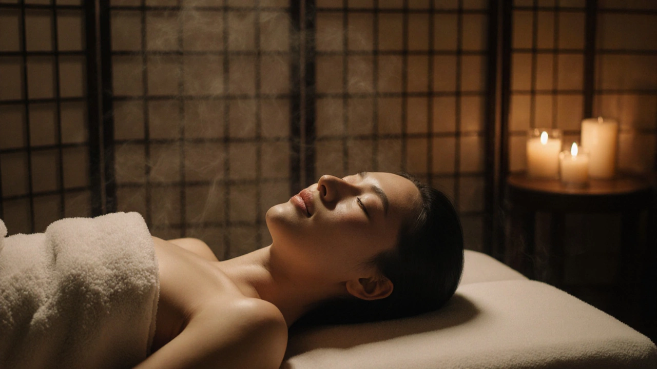 A person lies peacefully on a massage table, eyes closed, draped in a soft towel, surrounded by calm ambiance.
