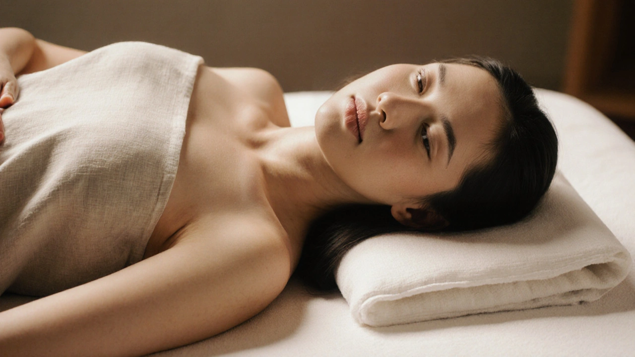 A person lying peacefully on a massage table, covered with a sheet, eyes closed in deep relaxation.