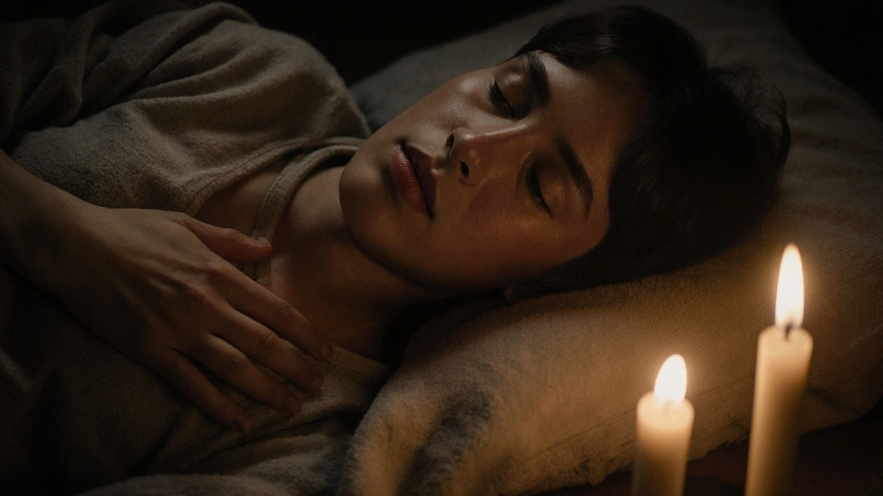 A person lying peacefully with hand on chest, eyes closed, in soft candlelight.