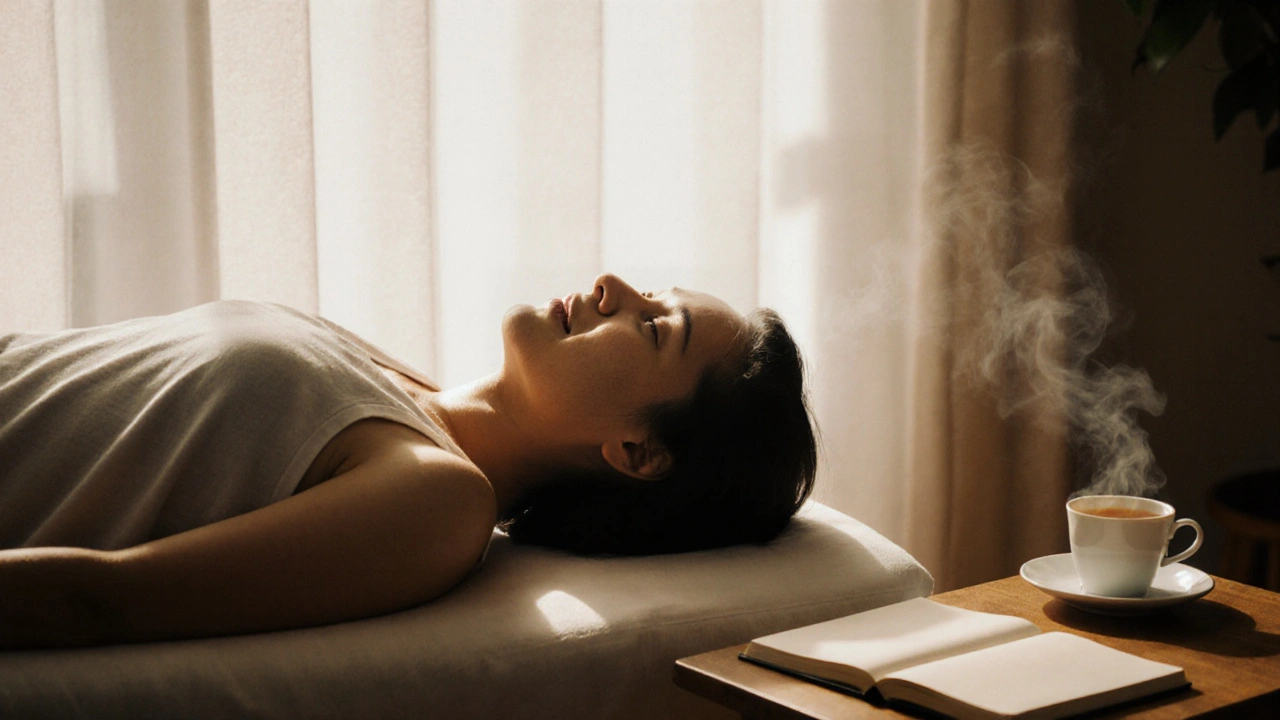 A person resting peacefully on a massage table, eyes closed, in natural morning light.
