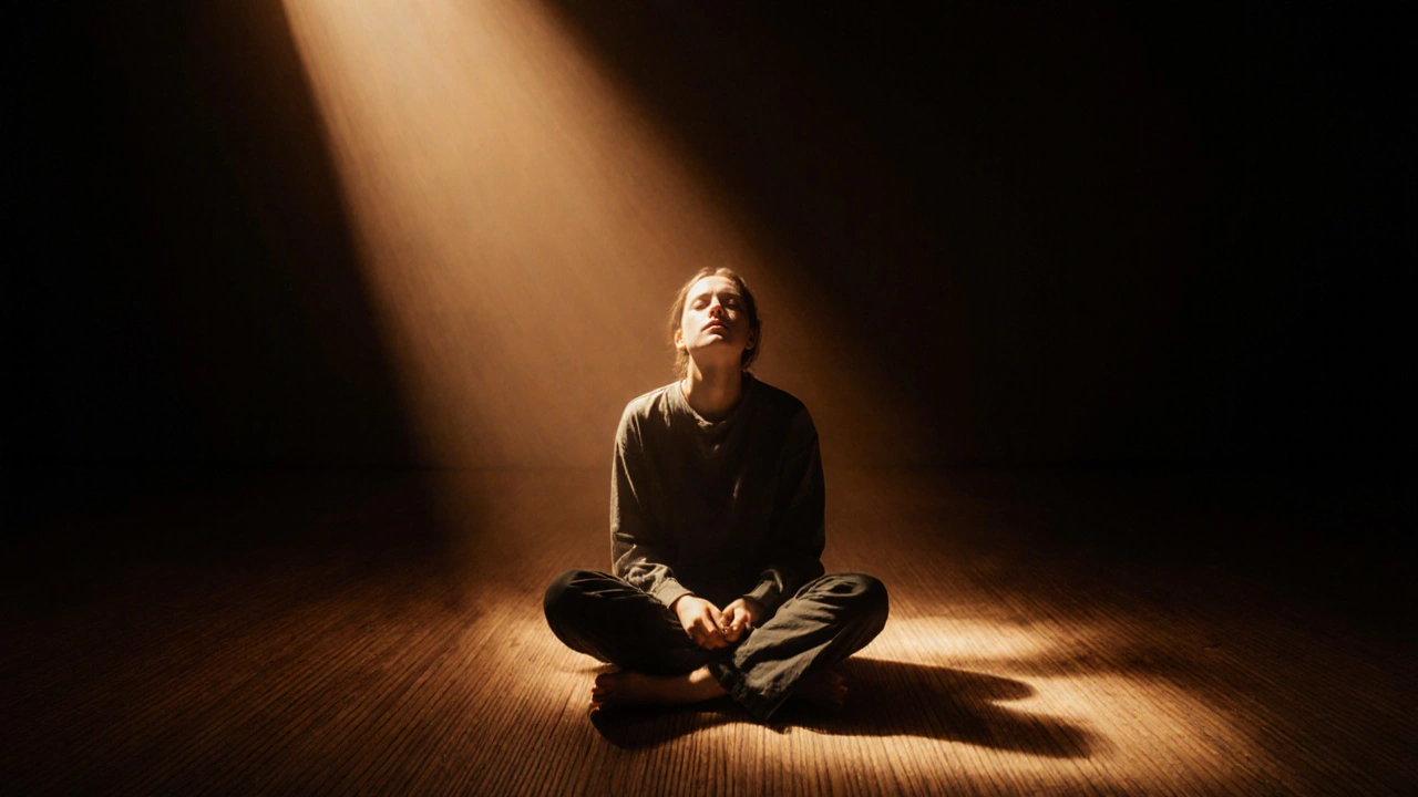 A person sitting peacefully in dim light, eyes closed, alone in a raw studio space with no distractions.