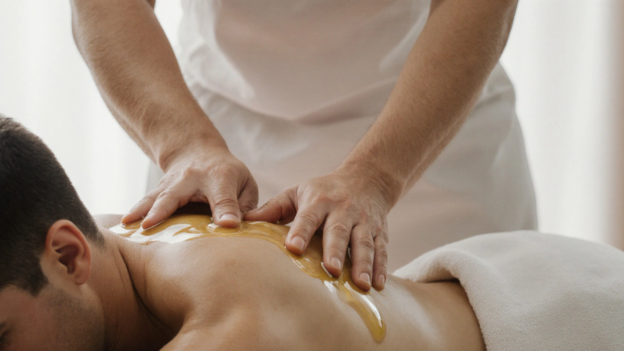 A practitioner&#039;s forearm gliding smoothly over a client&#039;s back with oil glistening under soft light.