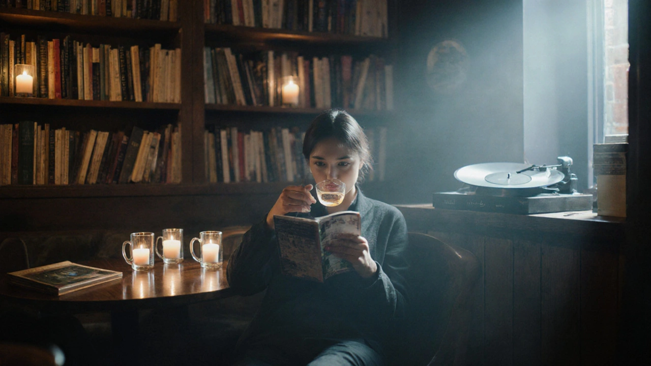 A quiet reader enjoying tea beside bookshelves in a cozy Peckham book bar.