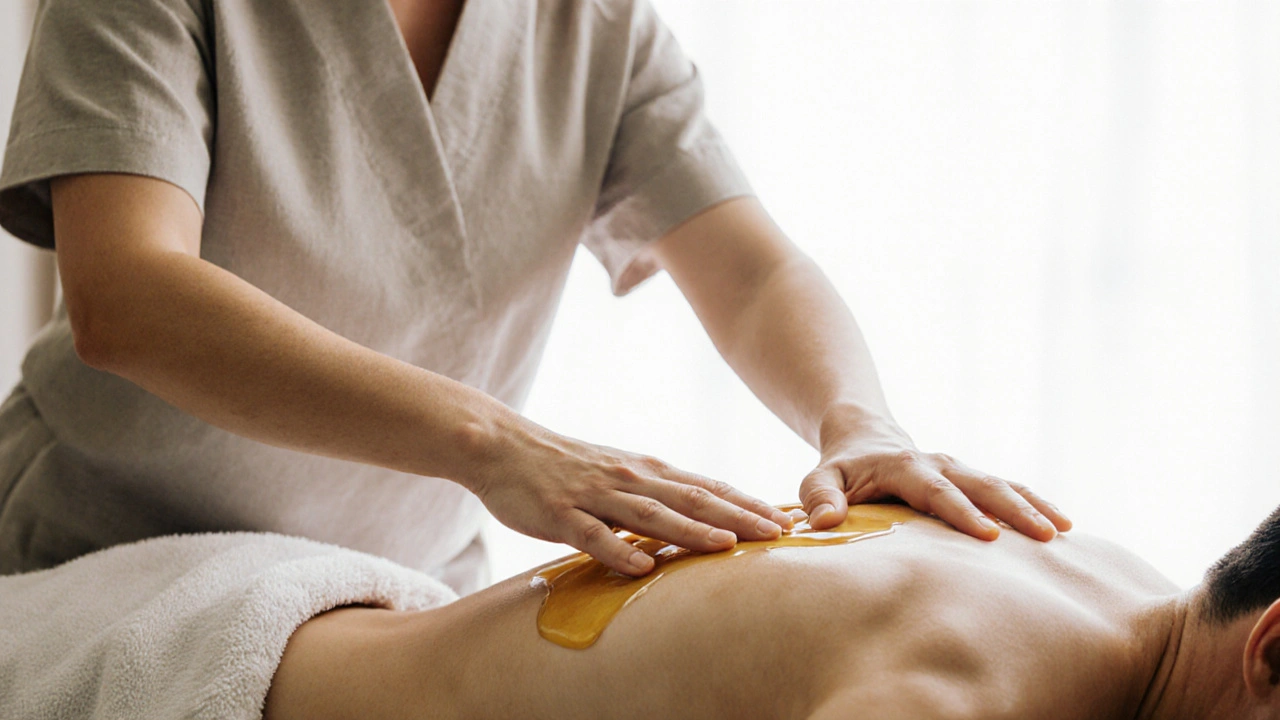 A therapist&#039;s forearm gliding smoothly over a client&#039;s back with towels covering the body.