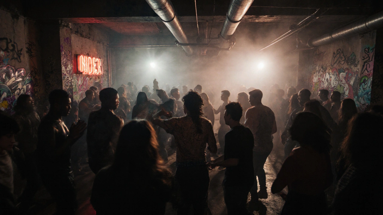 A warehouse club in Peckham with dancers moving under strobe lights and fog.