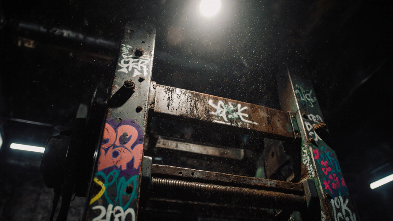 An old printing press covered in graffiti, lit by a spotlight inside the venue.