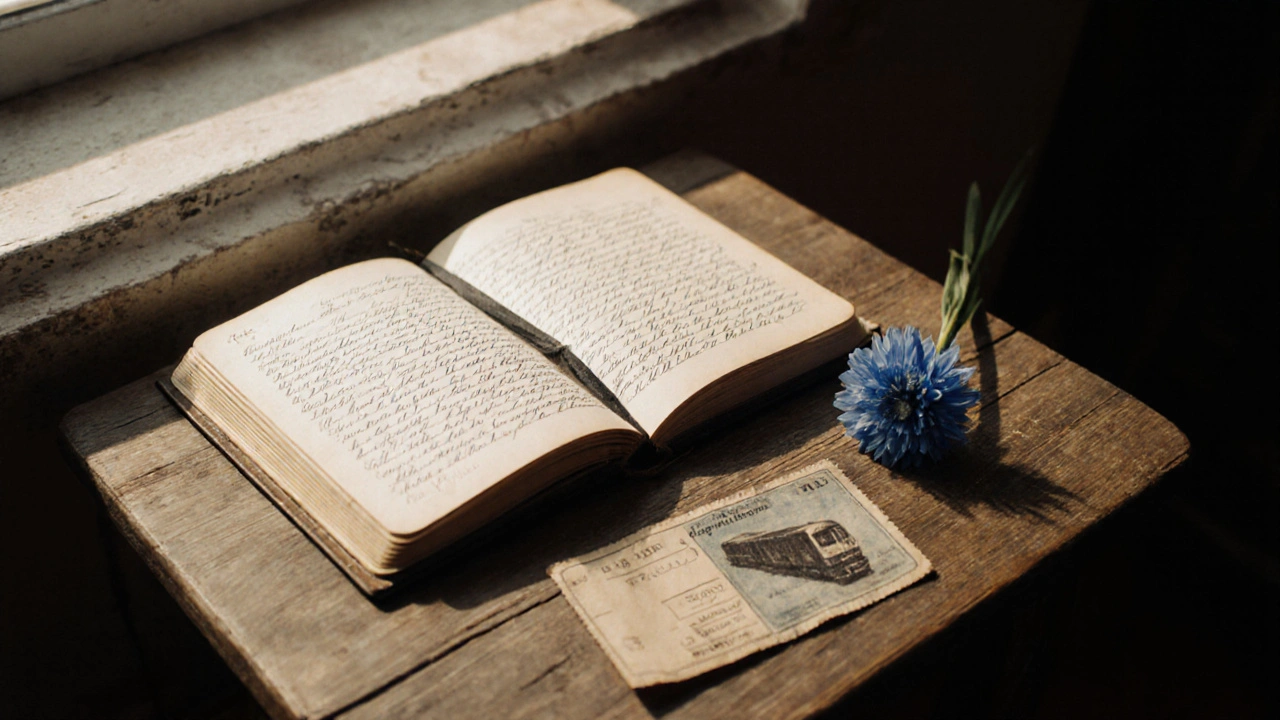 An open journal with handwritten notes, a train ticket, and a pressed flower on a wooden table.