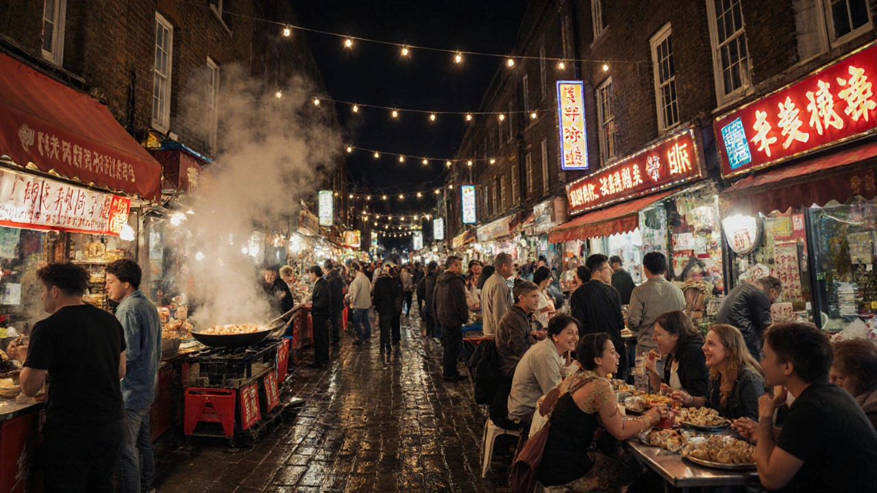 Brick Lane food market at night with steam rising from stalls and people eating under string lights.