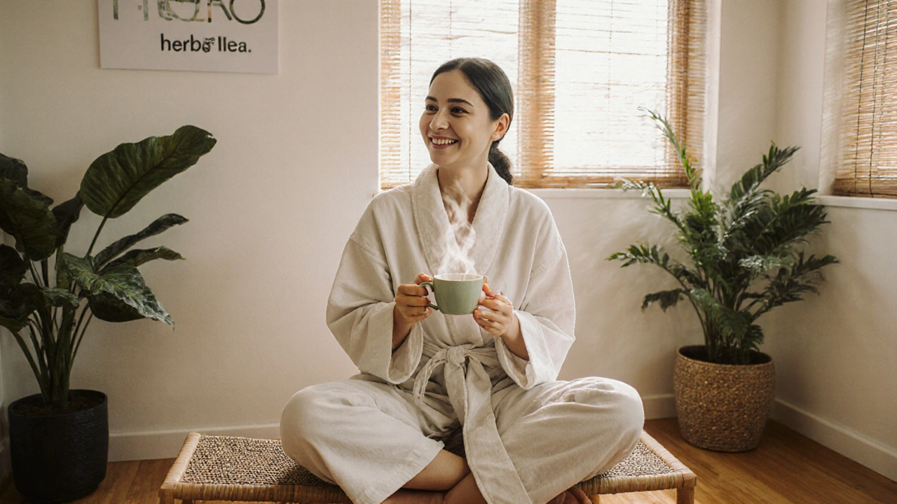 Client smiling after a session, wrapped in a robe and sipping herbal tea in a quiet studio.