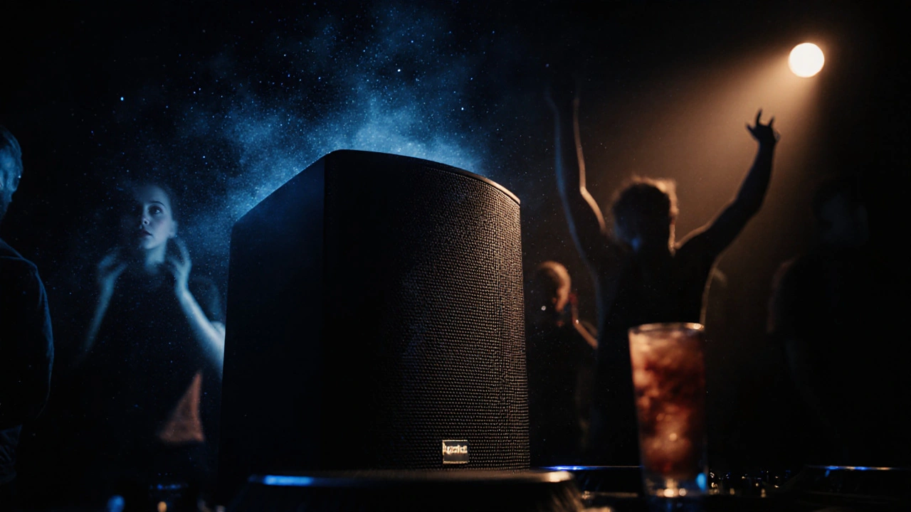 Close-up of a Funktion-One speaker glowing with ambient light at night.