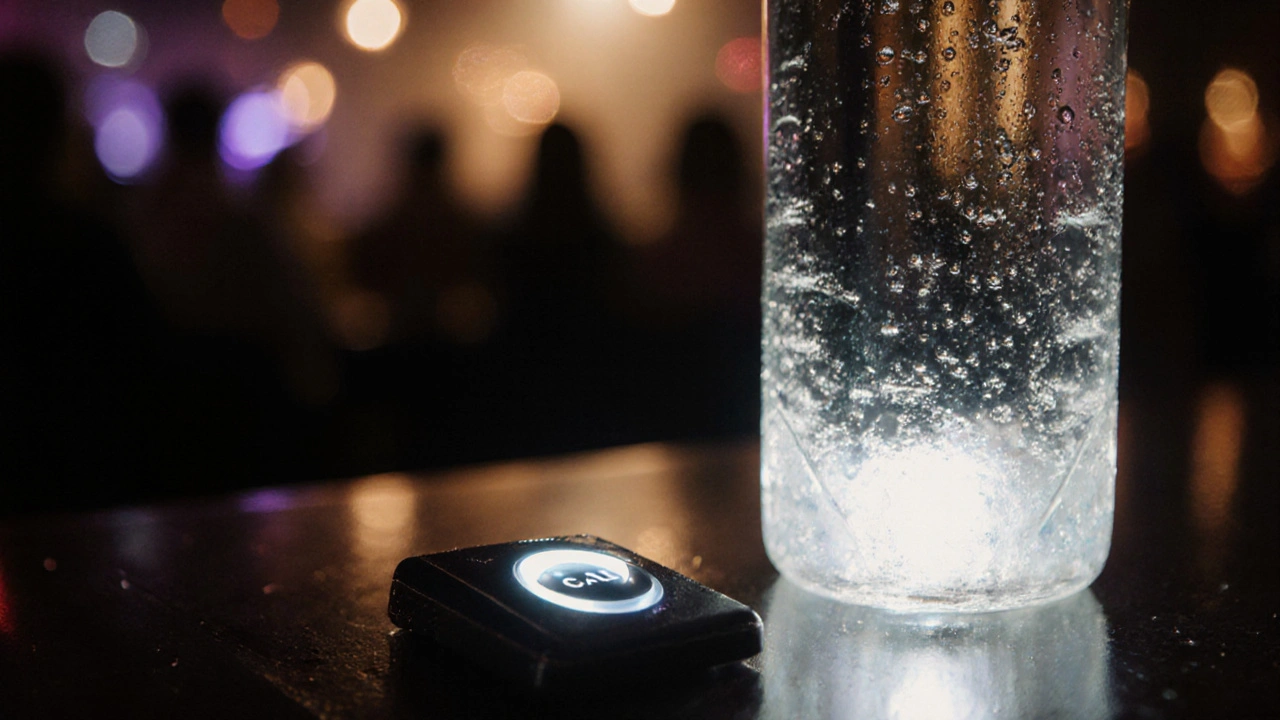 Close-up of a VIP table call button and glowing LED bottle