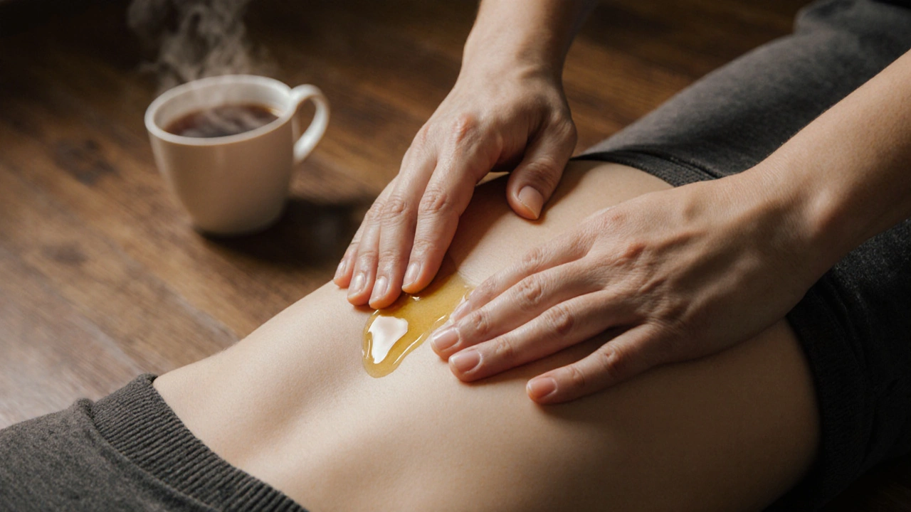 Close-up of hands making clockwise circular motions on the lower abdomen.