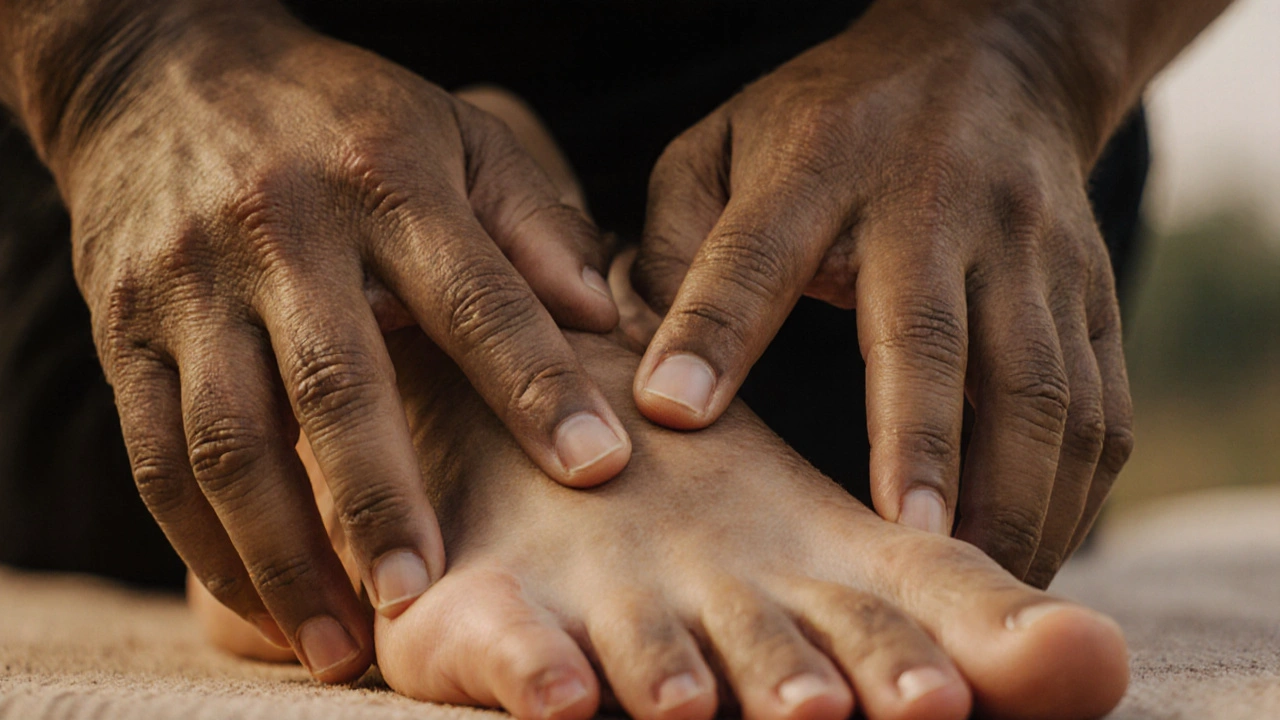 Close-up of hands pressing along the arch of a foot during Thai massage