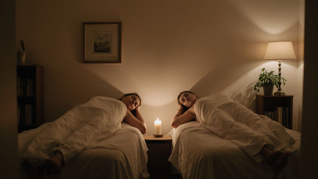 Couple receiving side-by-side massages in a living room with soft lighting and candles.