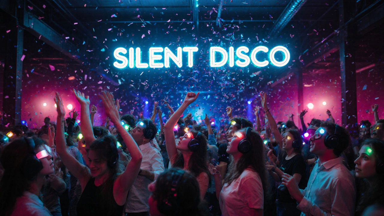 Crowd dancing at a silent disco with LED headphones in London