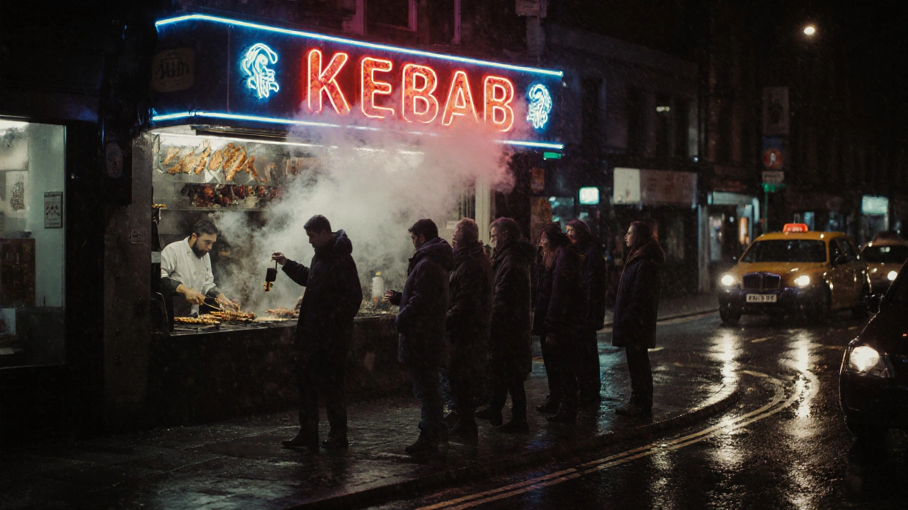 Crowded kebab shop with neon sign glowing, customers waiting on wet pavement at night.