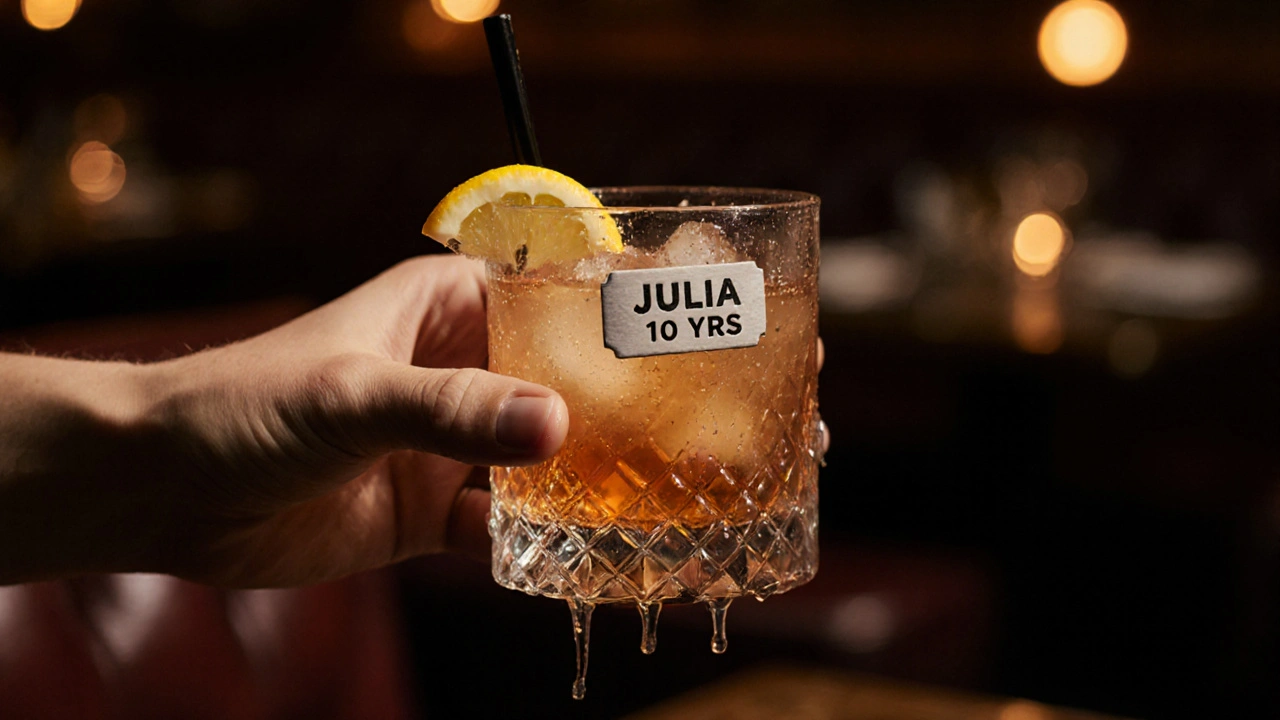 Custom cocktail with name tag on glass in a cozy historic pub setting