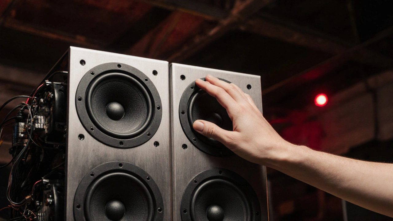 Custom quadraphonic speaker with exposed wiring, hand touching its surface as vibrations ripple through it.