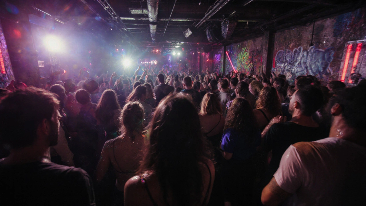 Dancers illuminated by strobe lights in a warehouse club as dawn approaches.
