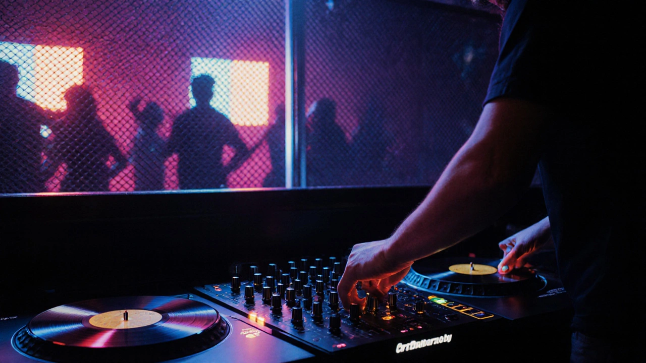 DJ adjusting knobs in a glowing booth, silhouettes of dancers in the background