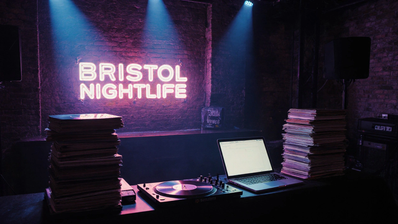 DJ booth with vinyl records and neon signs in a warehouse-style nightclub in Bristol.