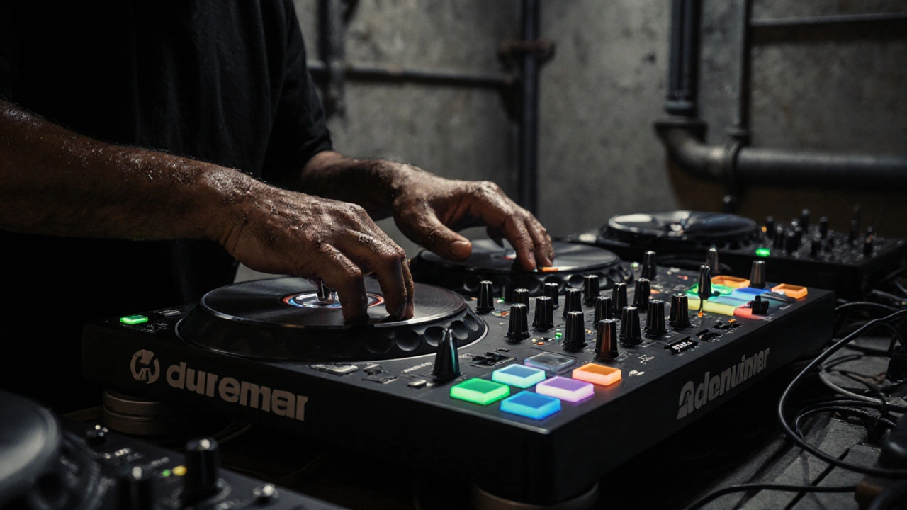 DJ mixing tracks at a booth with glowing equipment