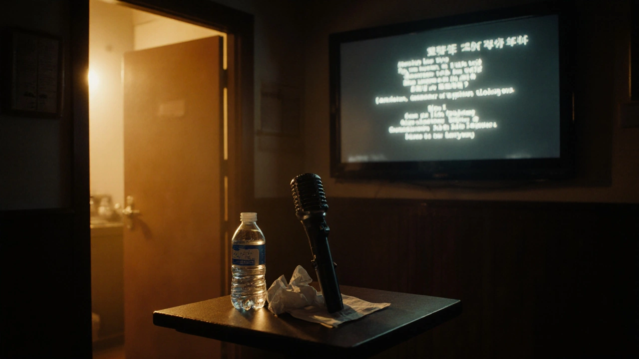 Empty karaoke booth with mic, water bottle, and fading lyrics on screen