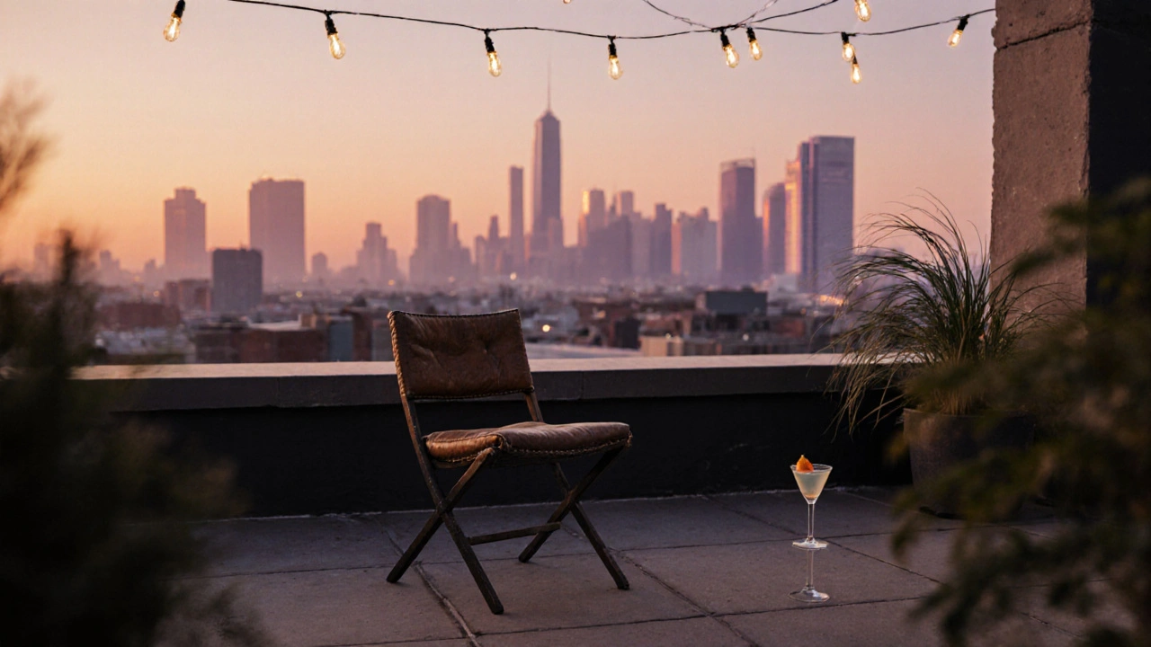Empty rooftop chair at golden hour facing a glowing city skyline.