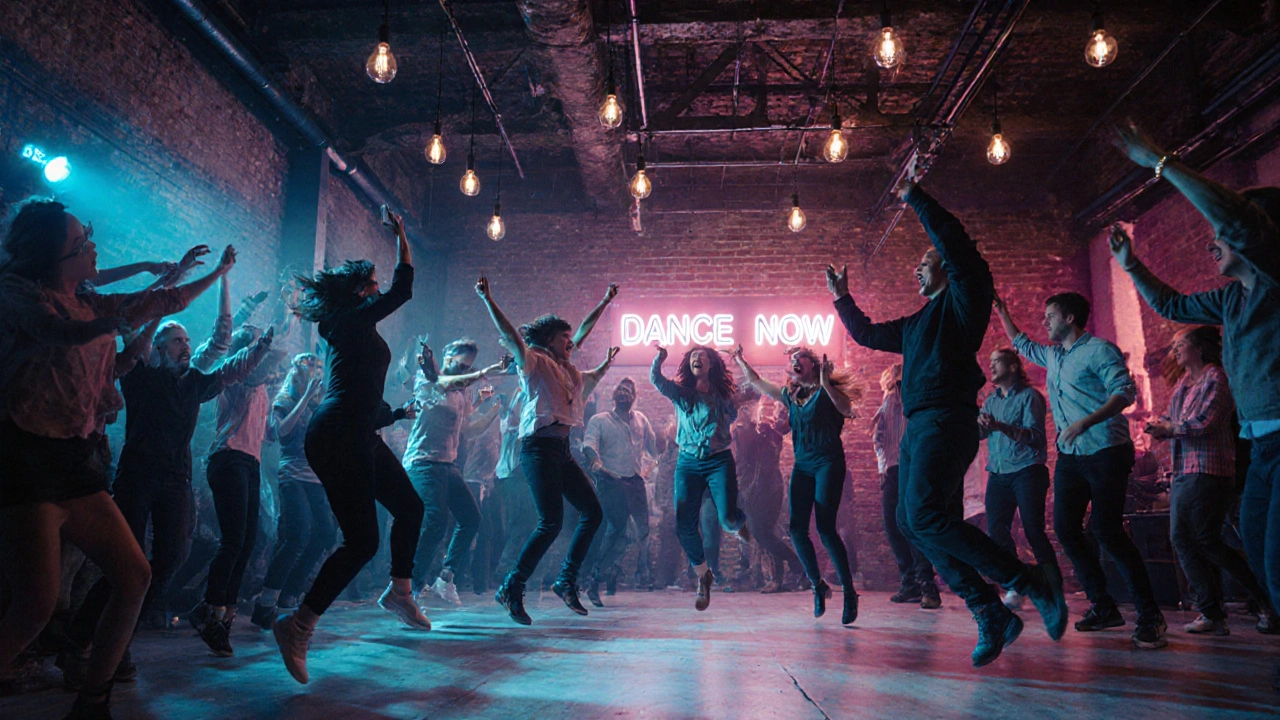 Friends dancing in a neon-lit warehouse venue with industrial decor