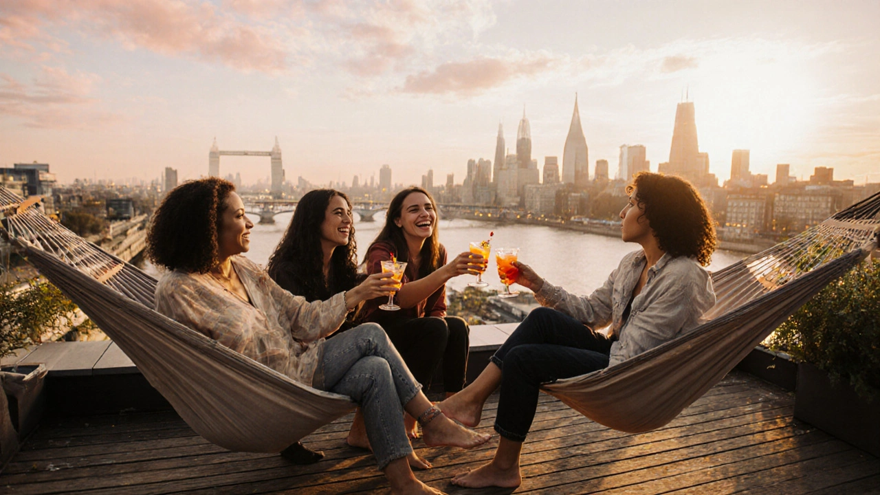 Friends laughing on the rooftop terrace at sunrise with the London skyline behind them.
