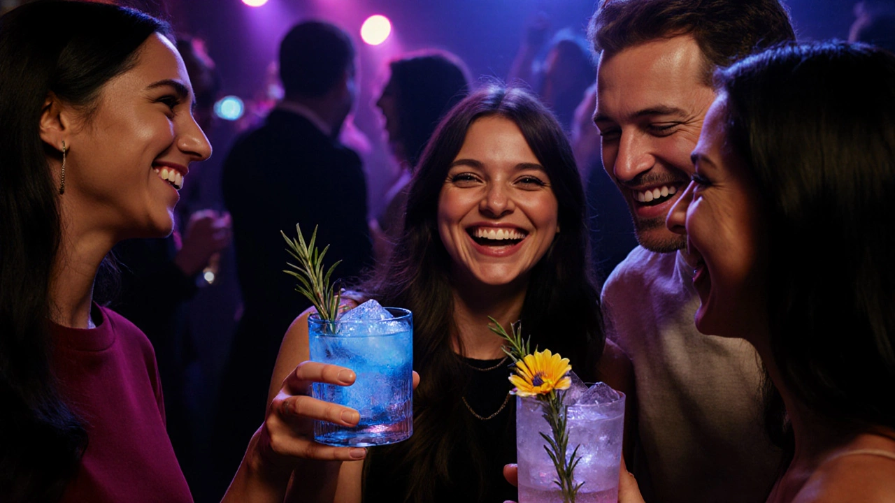 Friends laughing with unique cocktails under colorful nightclub lights.