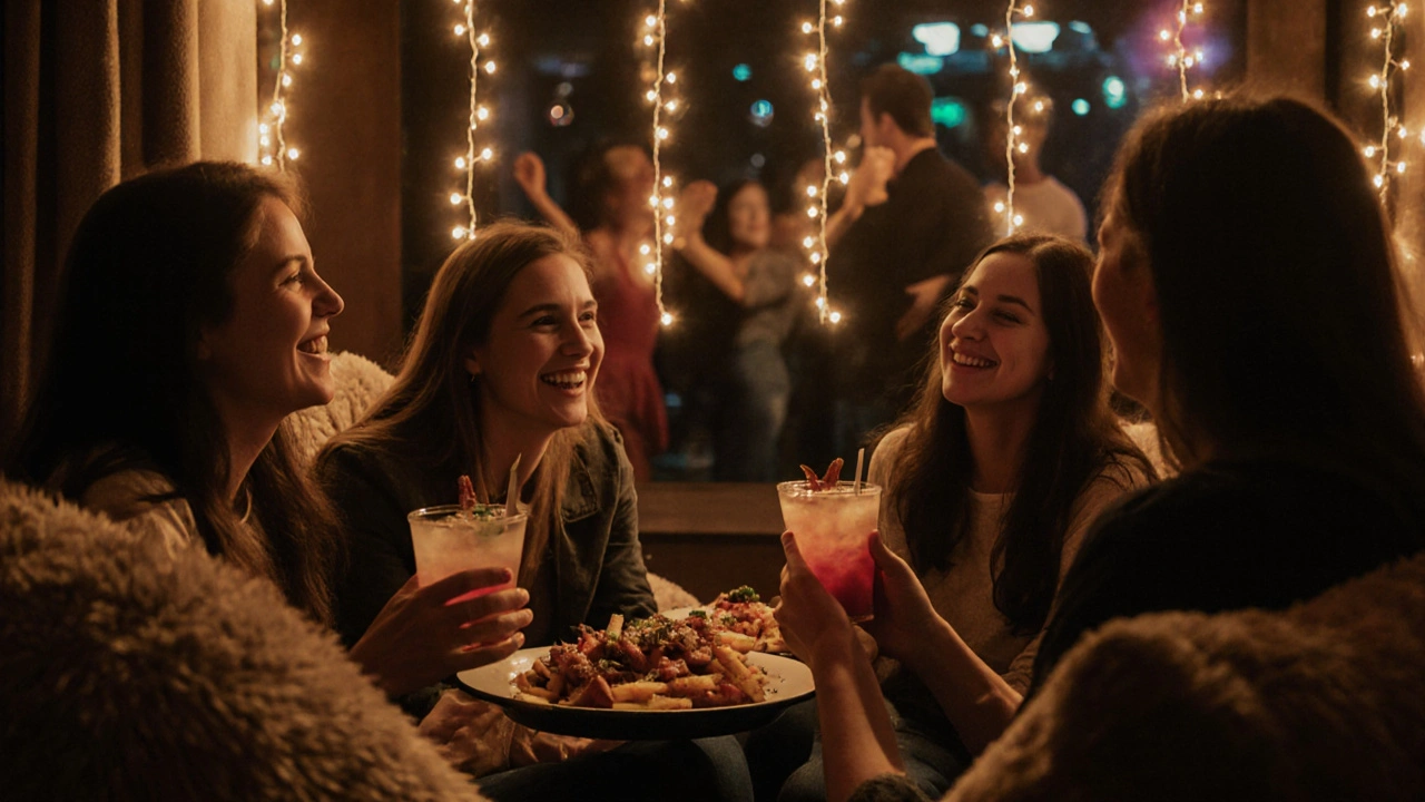 Friends relaxing on bean bags with cocktails and snacks in a quiet club lounge area.