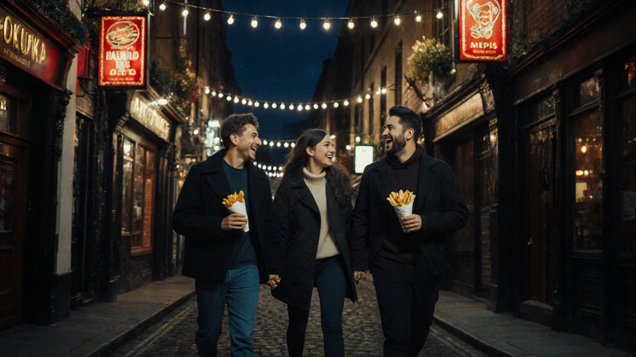 Friends walking down a cobblestone alley at night under string lights, laughing with fish and chips.