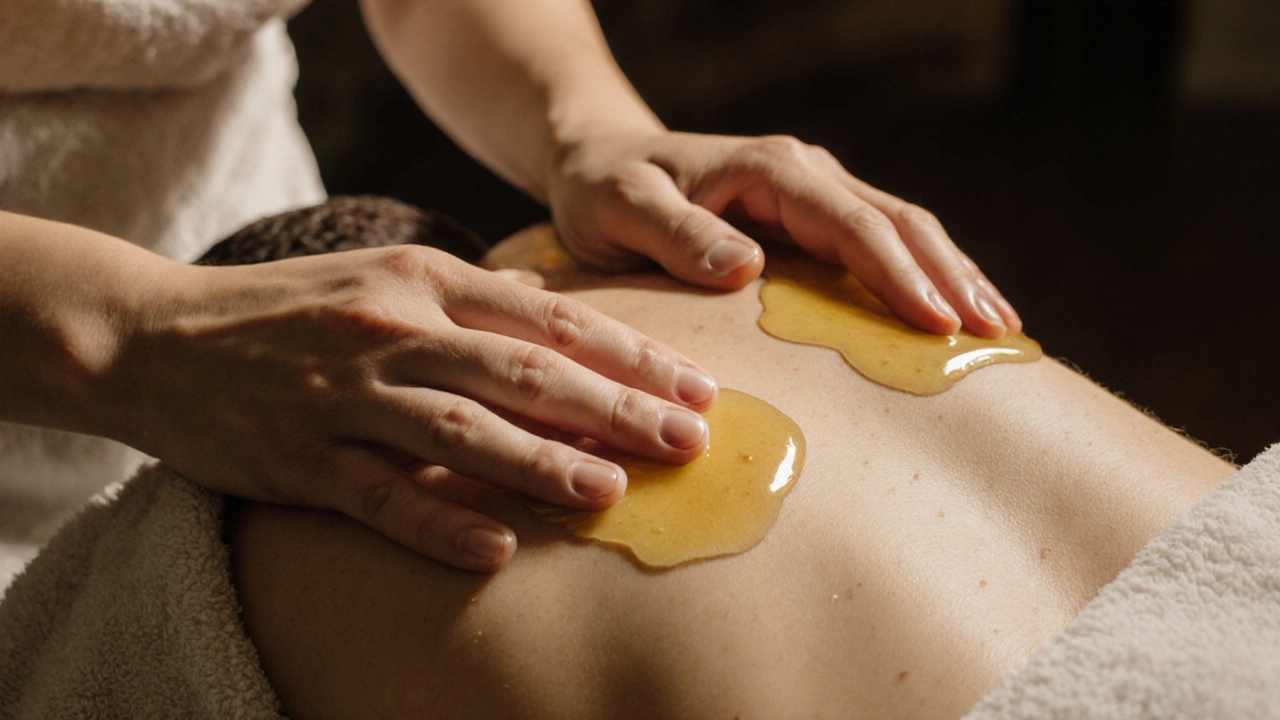 Gentle hands applying oil to a back in slow, nurturing strokes, covered by a towel.
