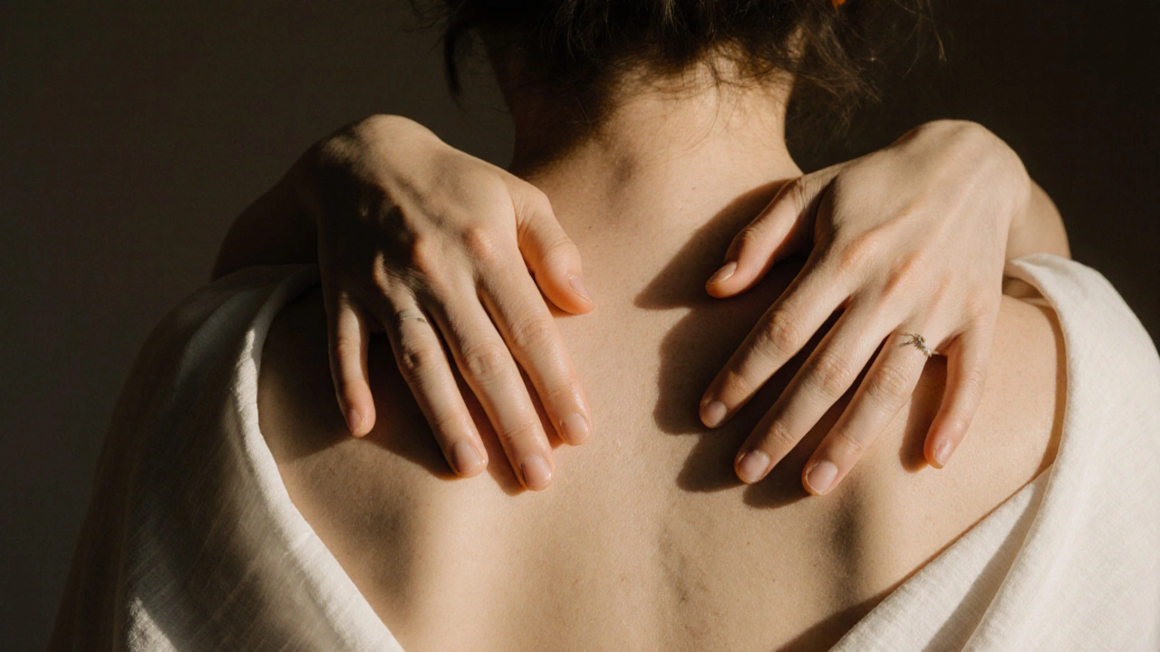 Gentle hands touching a draped back during a soothing tantra massage.