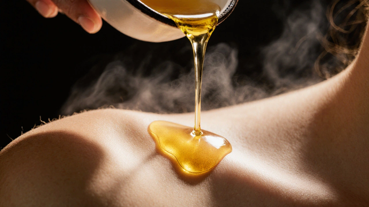 Golden coconut oil pours slowly onto skin, with steam rising gently in the warm light.