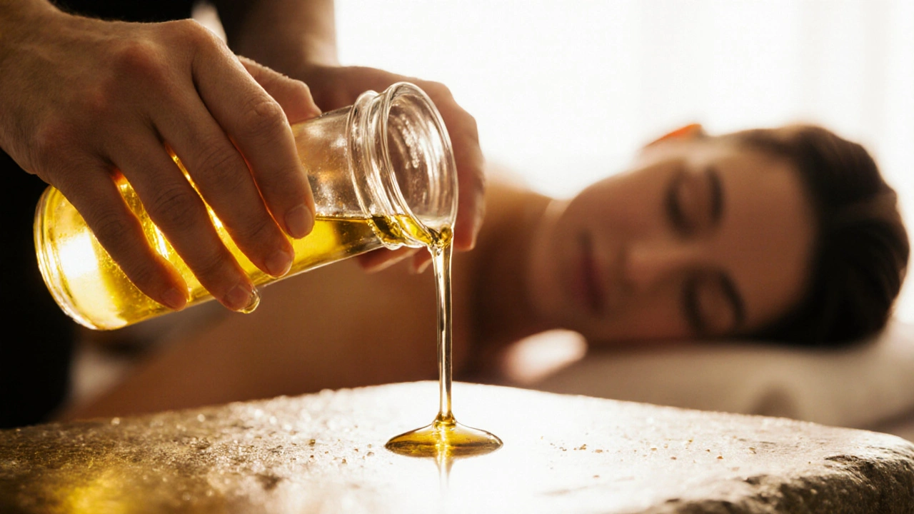 Golden massage oil pouring onto a warm stone, with soft light catching the droplets.