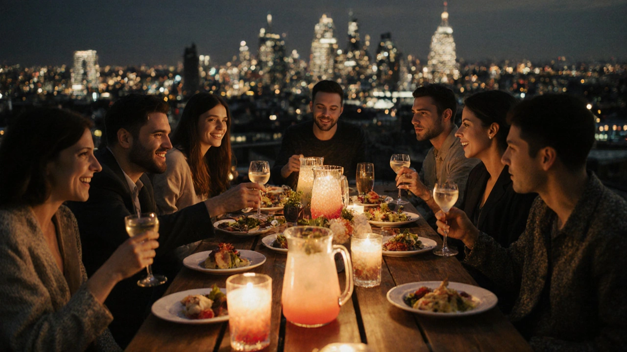 Group enjoying cocktails and shared food on a rooftop bar at night