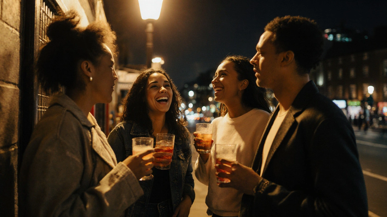 Group of friends laughing outside a London club at night, holding drinks under a streetlamp.