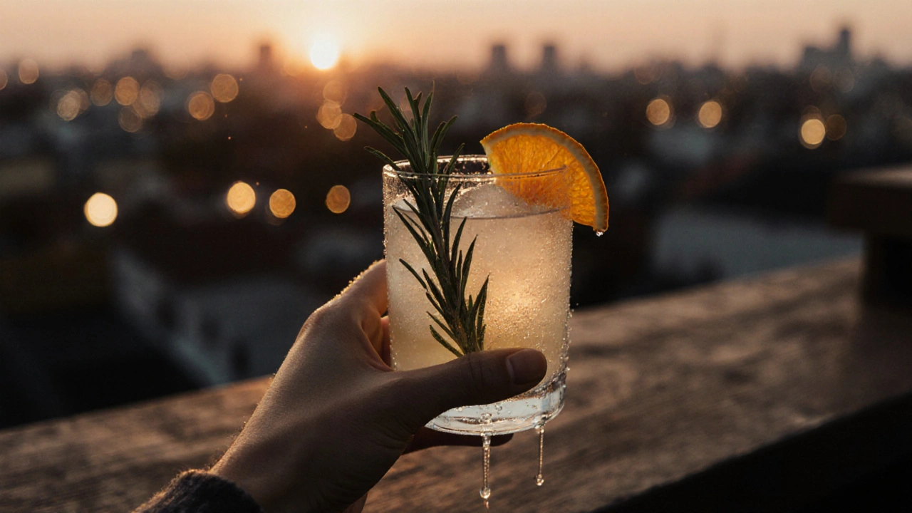 Hand holding a craft cocktail with fresh herbs, city skyline blurred in background.