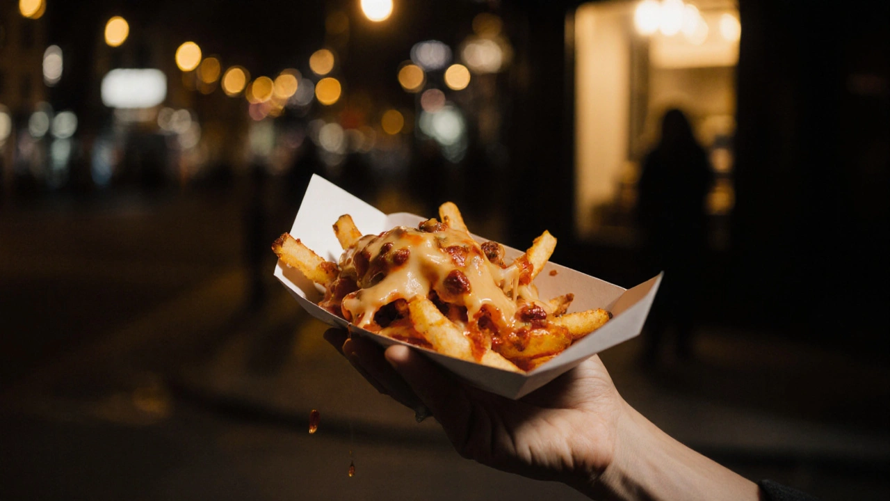 Hand holding paper tray of loaded fries with cheese and chili, blurred city lights in background.