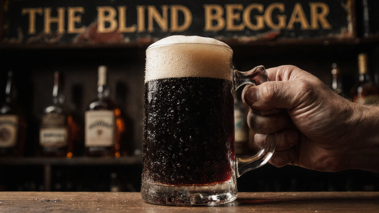 Hand pouring a dark ale into a glass pint tankard with perfect head and condensation.