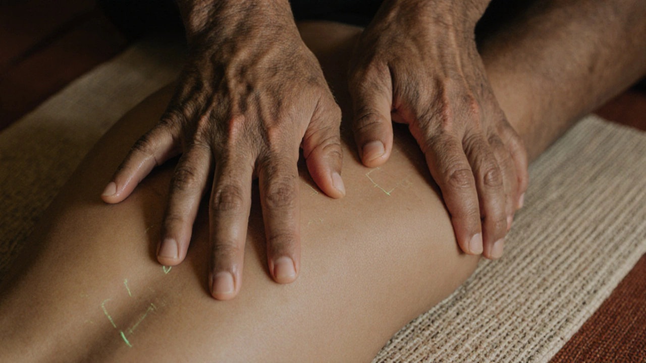 Hands applying acupressure along the spine during an authentic Thai massage.