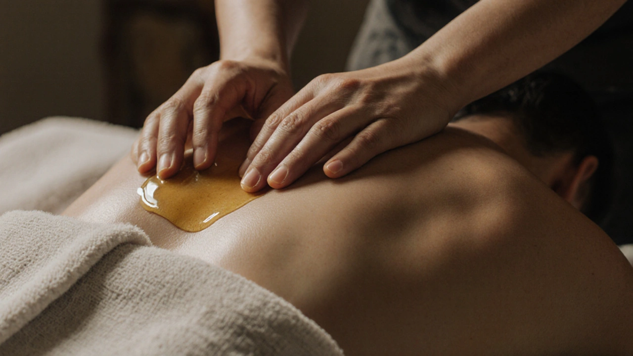 Hands applying oil to a draped back, with only shoulders exposed under a towel.